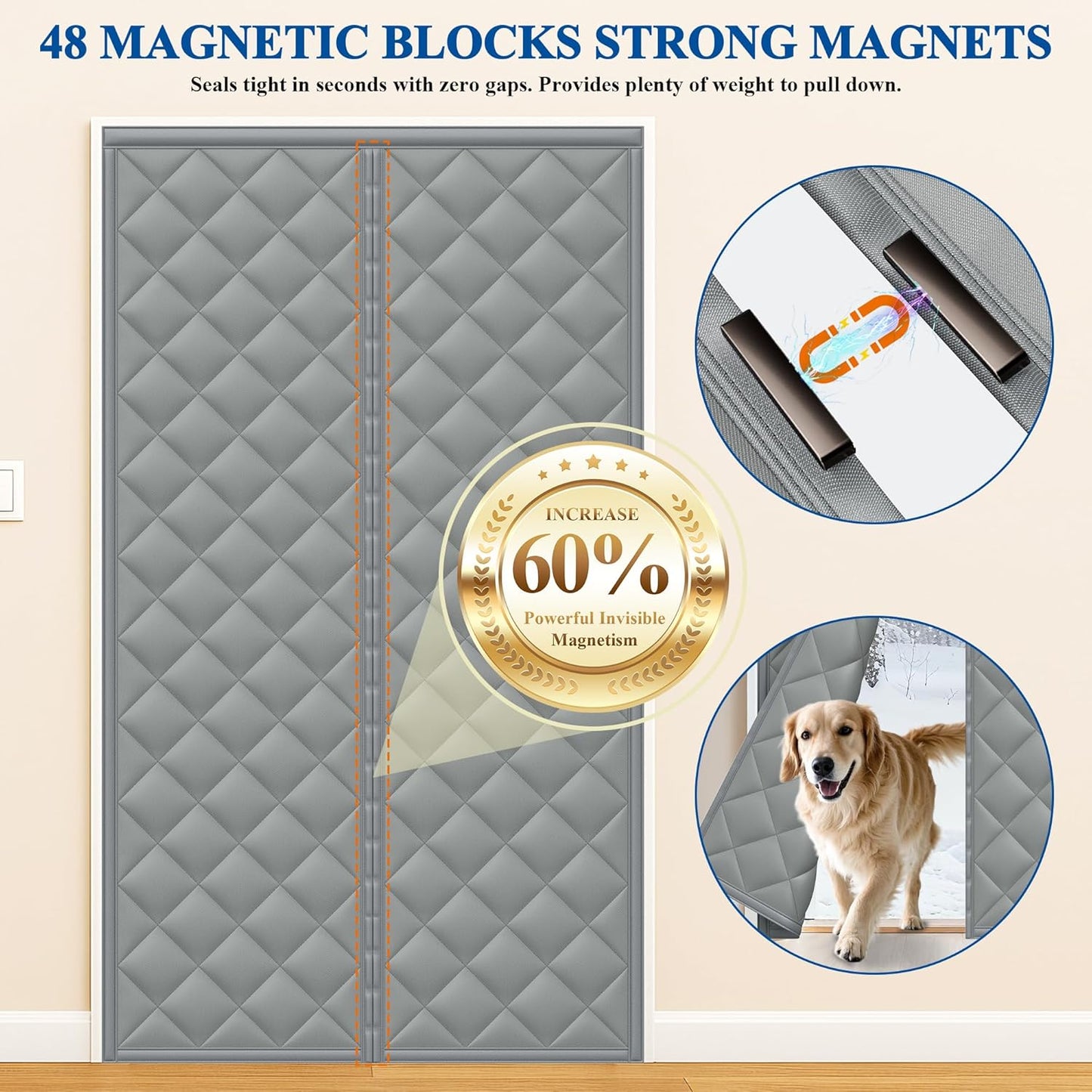 Magnetic Thermal Insulated Door Curtain – 5-Layer Winter Draft Blocker (Fits 32" x 80", Grey)