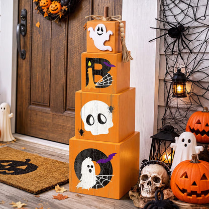 Stacked Pumpkin Ghost Boo Box – Fall Porch Decoration for Halloween & Autumn Outdoor Décor