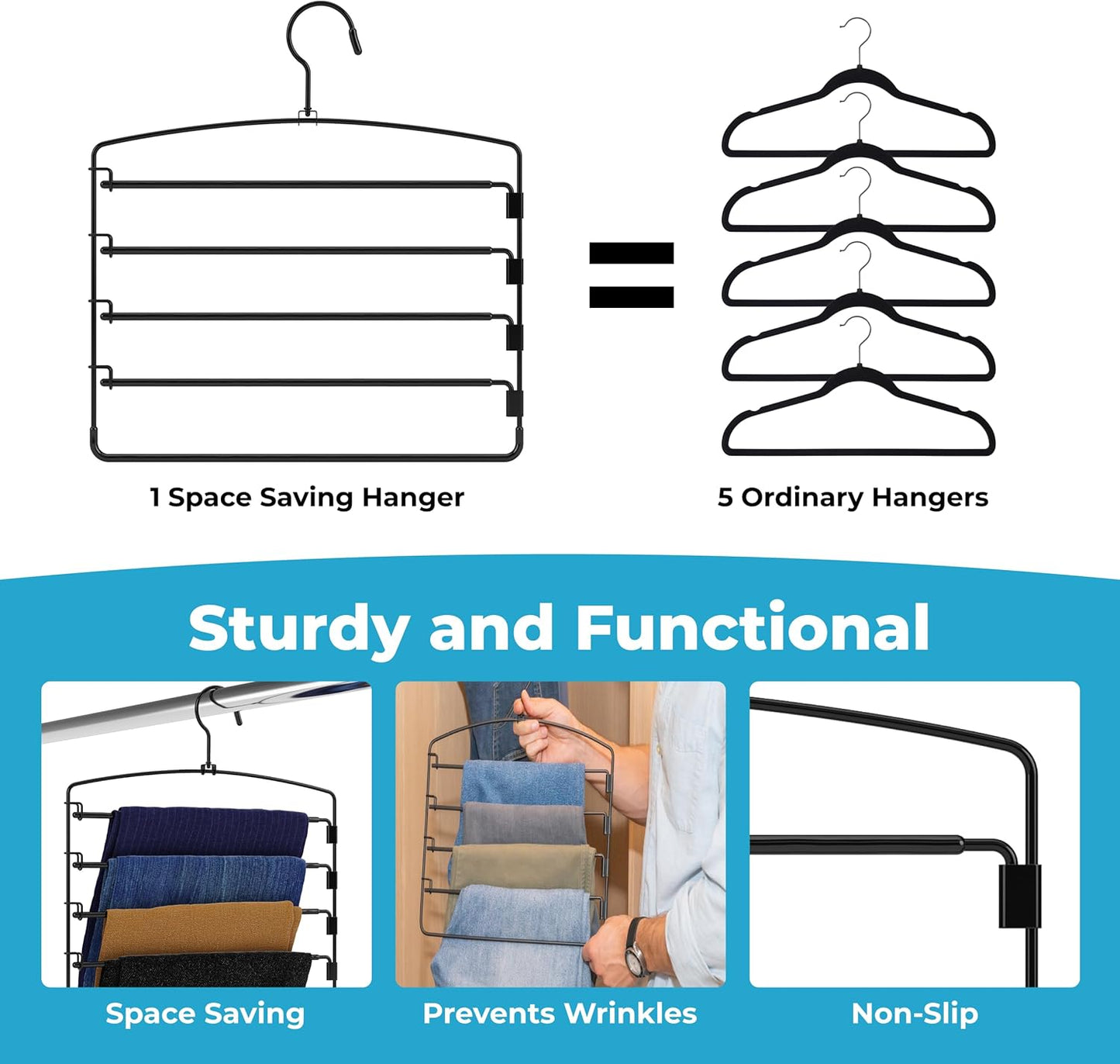 5-Tier Pants Hangers (4 Pack) – Ultra-Slim Space-Saving Closet Organizer with Metal Swivel Hook for Jeans, Slacks & Skirts