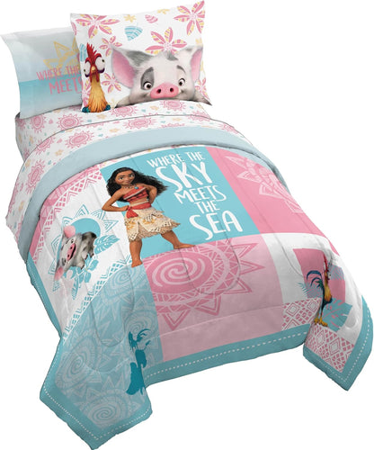 Moana Twin Comforter Set – 5-Piece Bed-in-a-Bag Bedding with Sheets & Pillow Covers Featuring Pua & Hei Hei