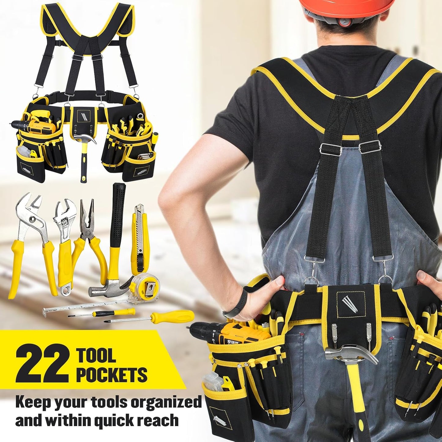 Professional Tool Belt with Suspenders – Heavy-Duty Adjustable Work Belt with Magnetic Tool Pouch for Electricians & Carpenters (Black/Yellow)