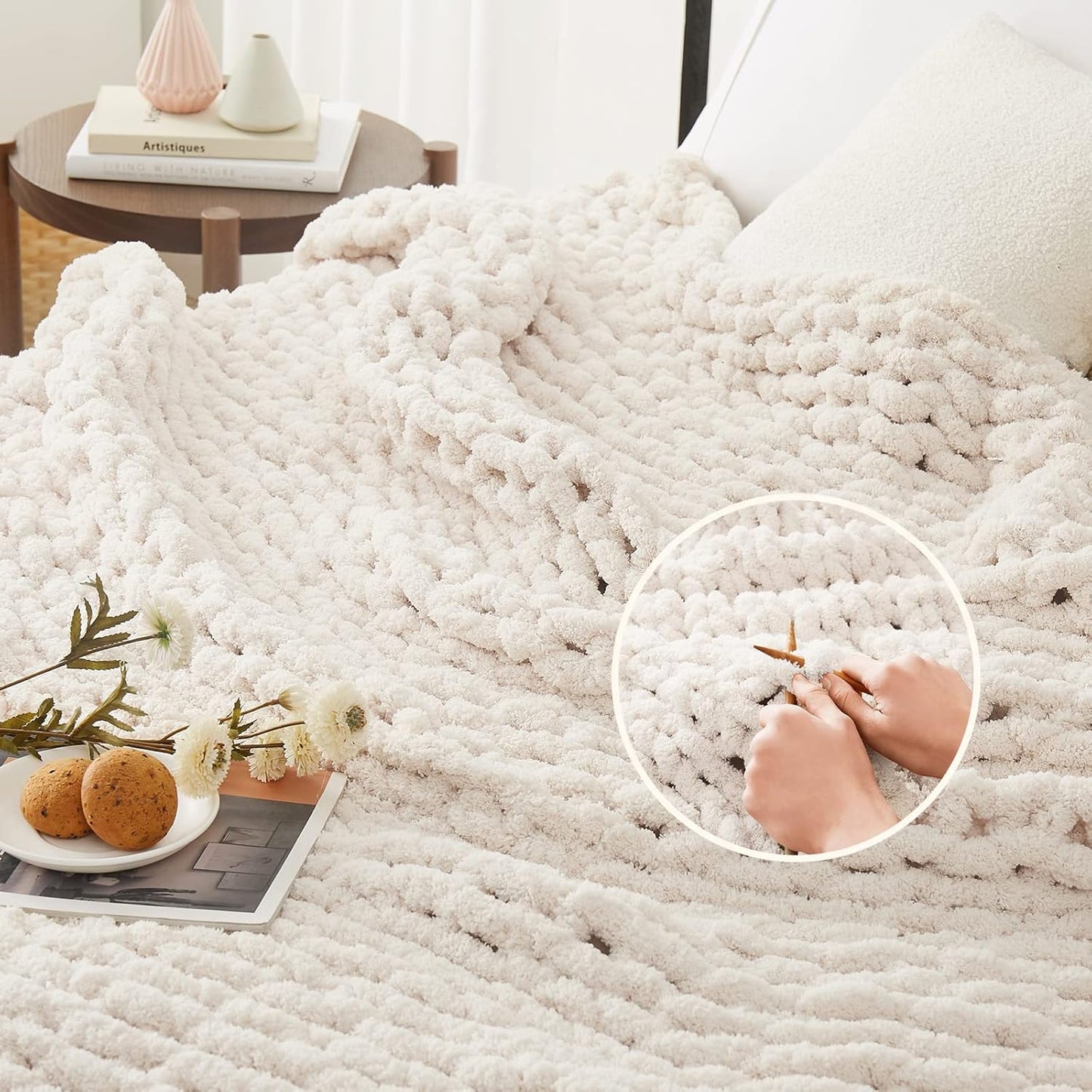 Chunky Knit Throw Blanket – Handmade Chenille Cable Knit (50x60")