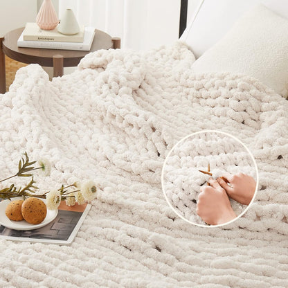 Chunky Knit Throw Blanket – Handmade Chenille Cable Knit (50x60")