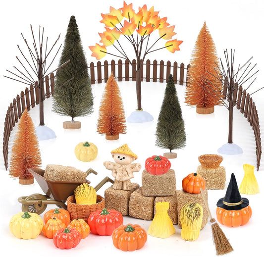 33-Piece Mini Fall Resin Figurine Set – Pumpkins, Scarecrow, Trees & Farm Miniatures for Thanksgiving Harvest Table Décor