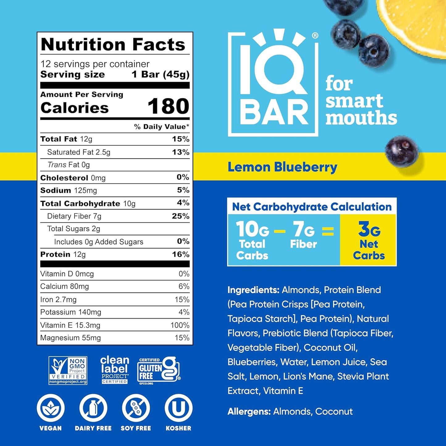 Lemon Blueberry Plant Protein Bars – Keto-Friendly, Vegan, High Protein, High Fiber, Low Sugar, Lion's Mane & MCTs, Gluten & Dairy Free, 24 Count