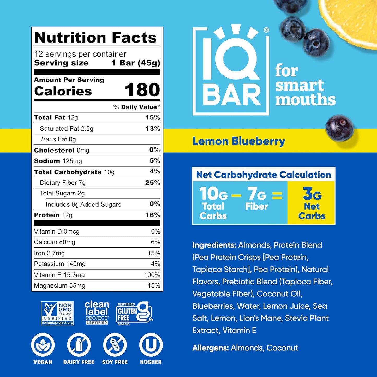 Lemon Blueberry Plant Protein Bars – Keto-Friendly, Vegan, High Protein, High Fiber, Low Sugar, Lion's Mane & MCTs, Gluten & Dairy Free, 12 Count