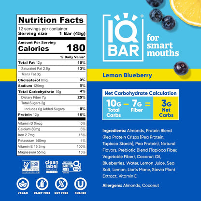 Lemon Blueberry Plant Protein Bars – Keto-Friendly, Vegan, High Protein, High Fiber, Low Sugar, Lion's Mane & MCTs, Gluten & Dairy Free, 12 Count