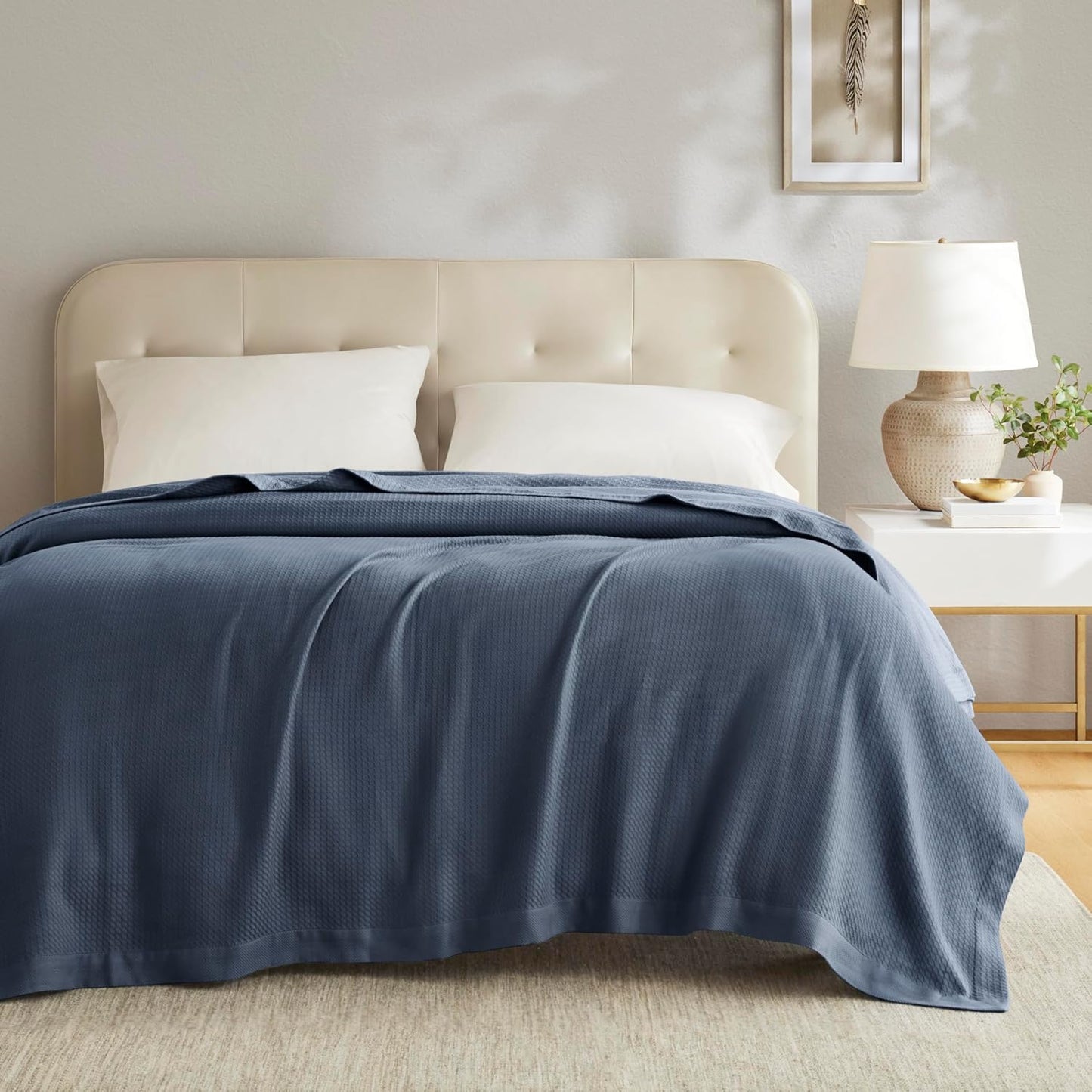 Lightweight Blue Waffle Knit Blanket, 100% Egyptian Cotton, Full/Queen (90"x90")