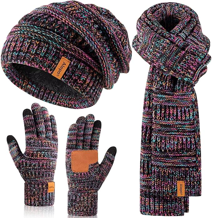 Women’s Winter Beanie, Multicolor Scarf & Touchscreen Gloves Set – Warm 3-in-1 Slouchy Knit