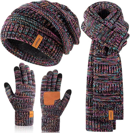 Women’s Winter Beanie, Multicolor Scarf & Touchscreen Gloves Set – Warm 3-in-1 Slouchy Knit