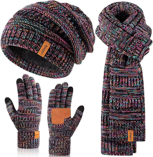 Women’s Winter Beanie, Multicolor Scarf & Touchscreen Gloves Set – Warm 3-in-1 Slouchy Knit