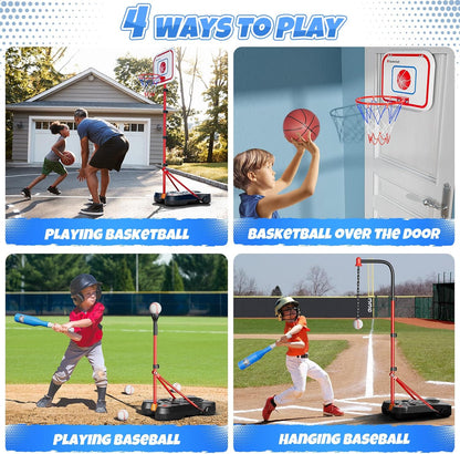 2-in-1 Kids Basketball Hoop and T Ball Set, Adjustable Basket Ball Stand, Outdoor and Indoor Toys Gifts