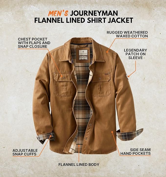 Water Resistant Men's Flannel Lined Shirt Jacket, Waxed Cotton, Extra Large, Copper Rust Color