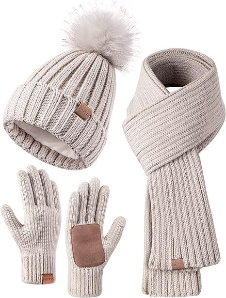 3-in-1 Winter Beanie Hat Scarf Gloves Set for Women with Pom Pom Long Scarf Neck Warmer Touchscreen Gloves