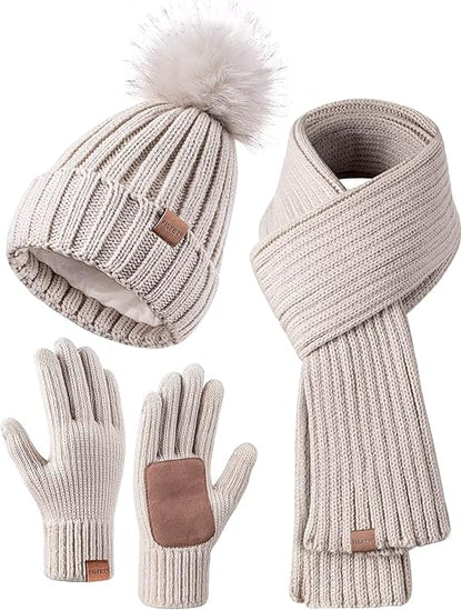 3-in-1 Winter Beanie Hat Scarf Gloves Set for Women with Pom Pom Long Scarf Neck Warmer Touchscreen Gloves