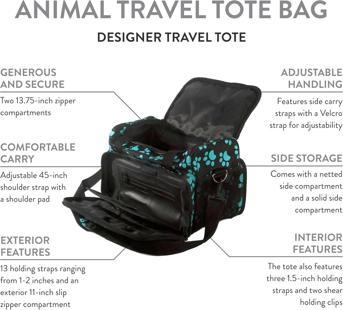 Pet Travel Tote Bag – Zippered Storage Bag for Dog & Cat Grooming Supplies – Turquoise Paw Print, 28.8"