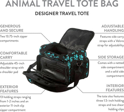Pet Travel Tote Bag – Zippered Storage Bag for Dog & Cat Grooming Supplies – Turquoise Paw Print, 28.8"