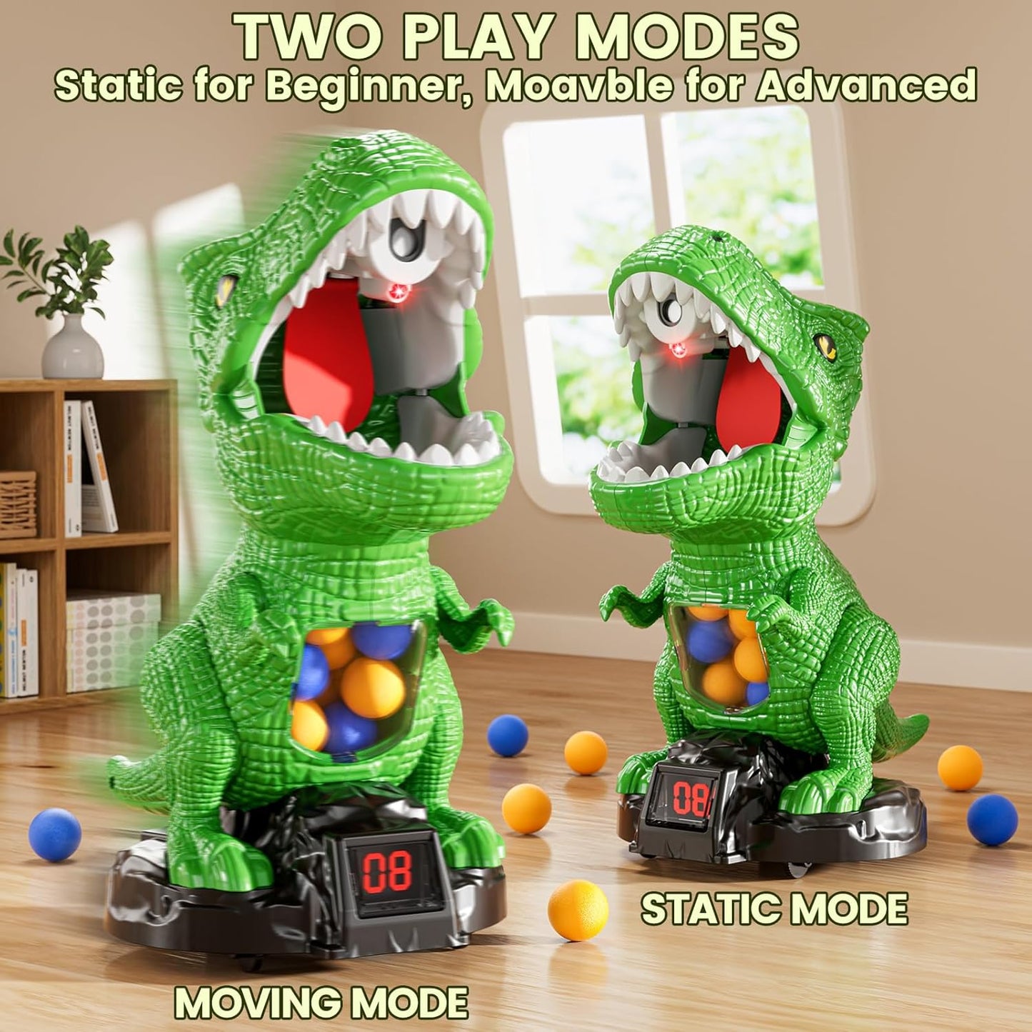 Movable Dinosaur Shooting Game – Electronic Target with 2 Air Pump Guns & 48 Foam Balls (Ages 3–9)