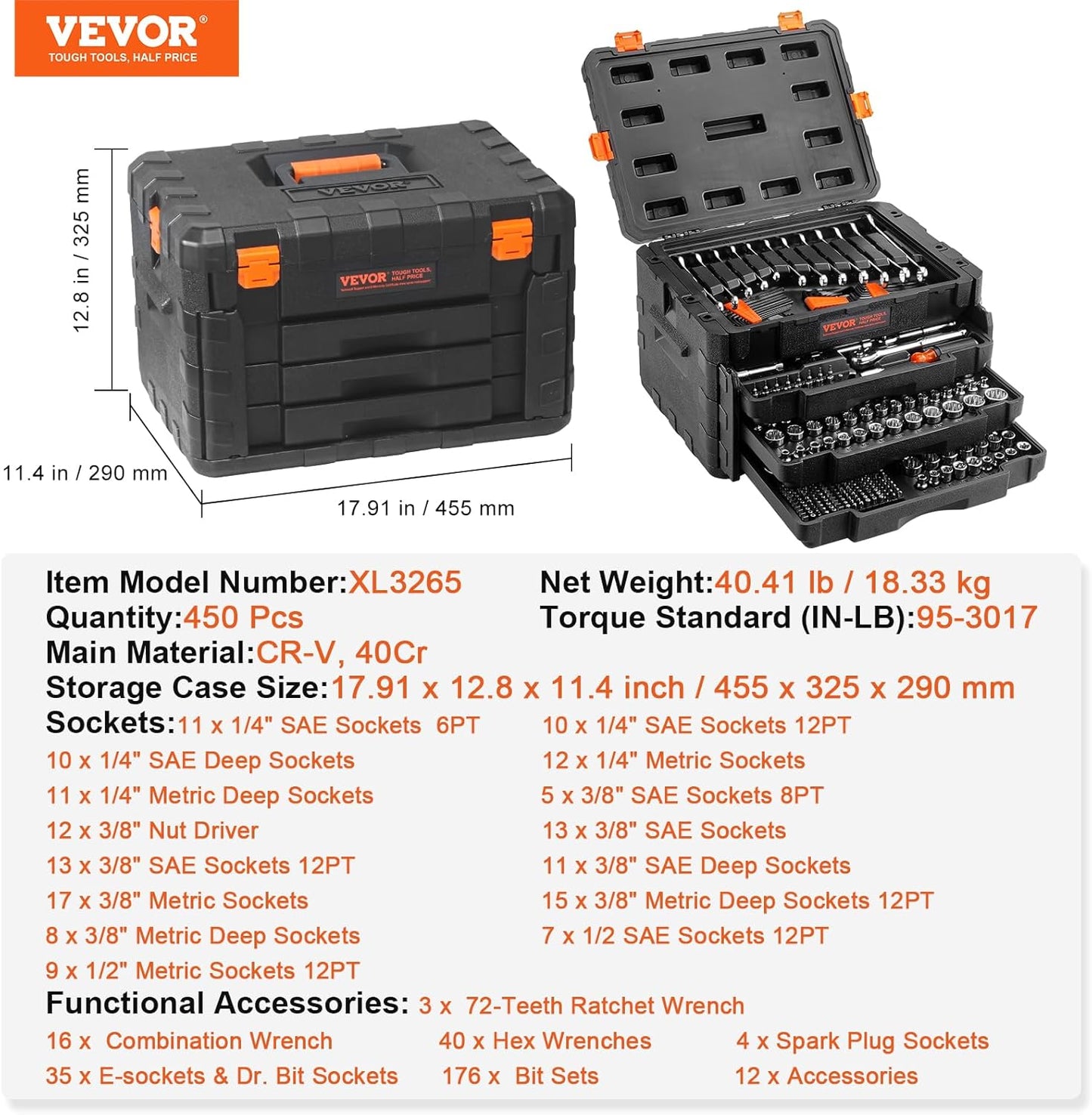450-Piece Mechanics Tool Set & Socket Set with Deep/Standard Sockets, SAE & Metric, 1/4", 3/8", & 1/2" Drive