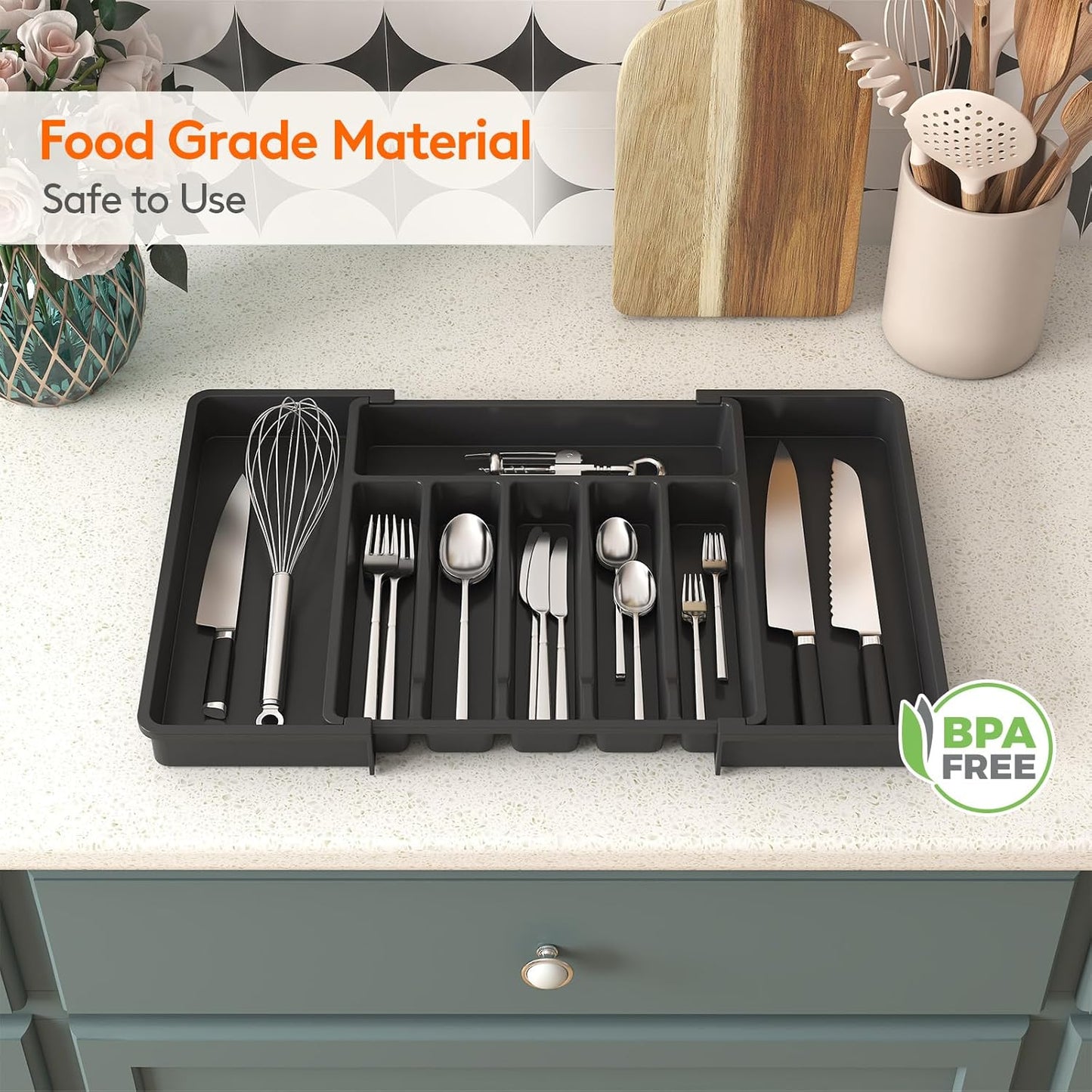 Expandable Silverware Drawer Organizer – BPA-Free Utensil Tray for Kitchen, Adjustable Storage for Spoons, Forks, and Knives, Large, Black