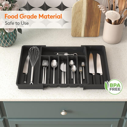 Expandable Silverware Drawer Organizer – BPA-Free Utensil Tray for Kitchen, Adjustable Storage for Spoons, Forks, and Knives, Large, Black