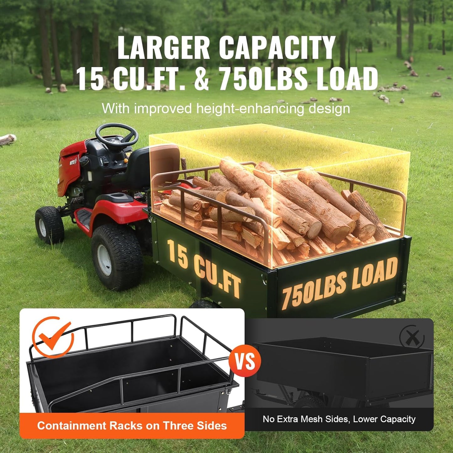 Heavy-Duty ATV Steel Dump Cart – 750 lb Capacity, 15 Cu. Ft. Garden Utility Trailer with Removable Sides