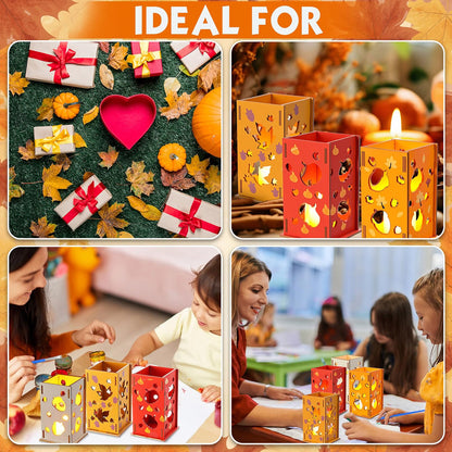 12-Set DIY Wooden Autumn Lantern Craft Kit – Fall Decorations with LED Candles for Kids & Thanksgiving Activities
