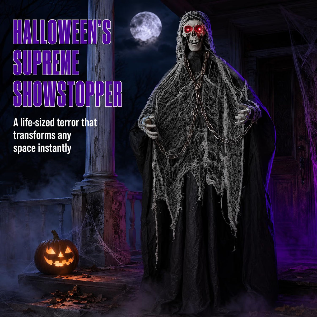 6 FT Sound-Controlled Swinging Skeleton Ghost – Scary Animated Halloween Decoration for Indoor & Outdoor Décor