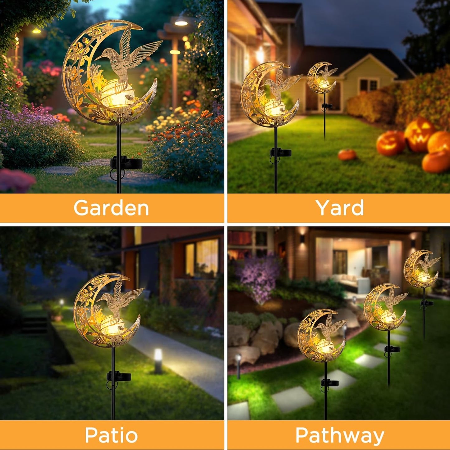 Solar Hummingbird Stake Light – Moon & Bird Metal Outdoor Decor, Waterproof Auto On/Off Pathway Light for Yard, Lawn, Patio & Garden