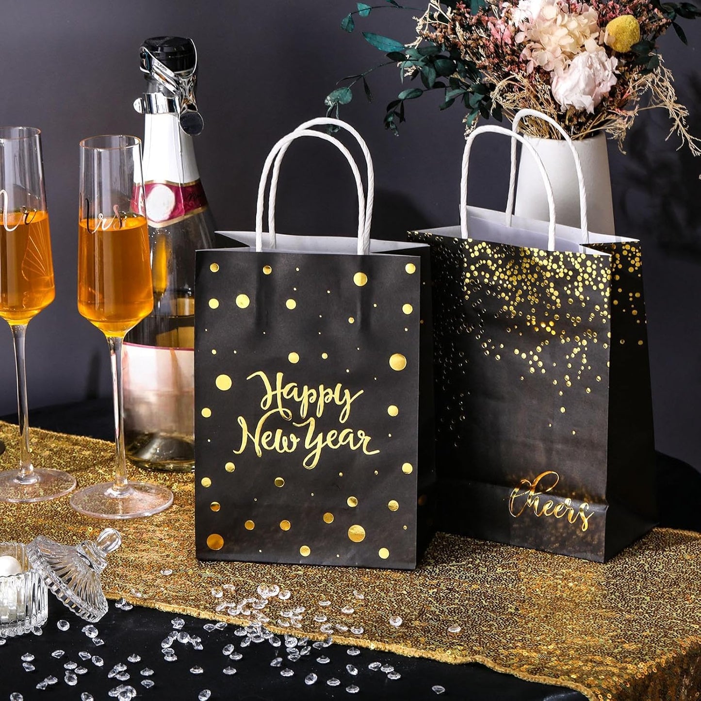 36 Pcs Happy New Year Gift Bags - Black Kraft Paper Bags with Handles (Gold Foiled) for Parties and Favors