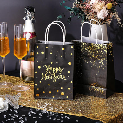 36 Pcs Happy New Year Gift Bags - Black Kraft Paper Bags with Handles (Gold Foiled) for Parties and Favors