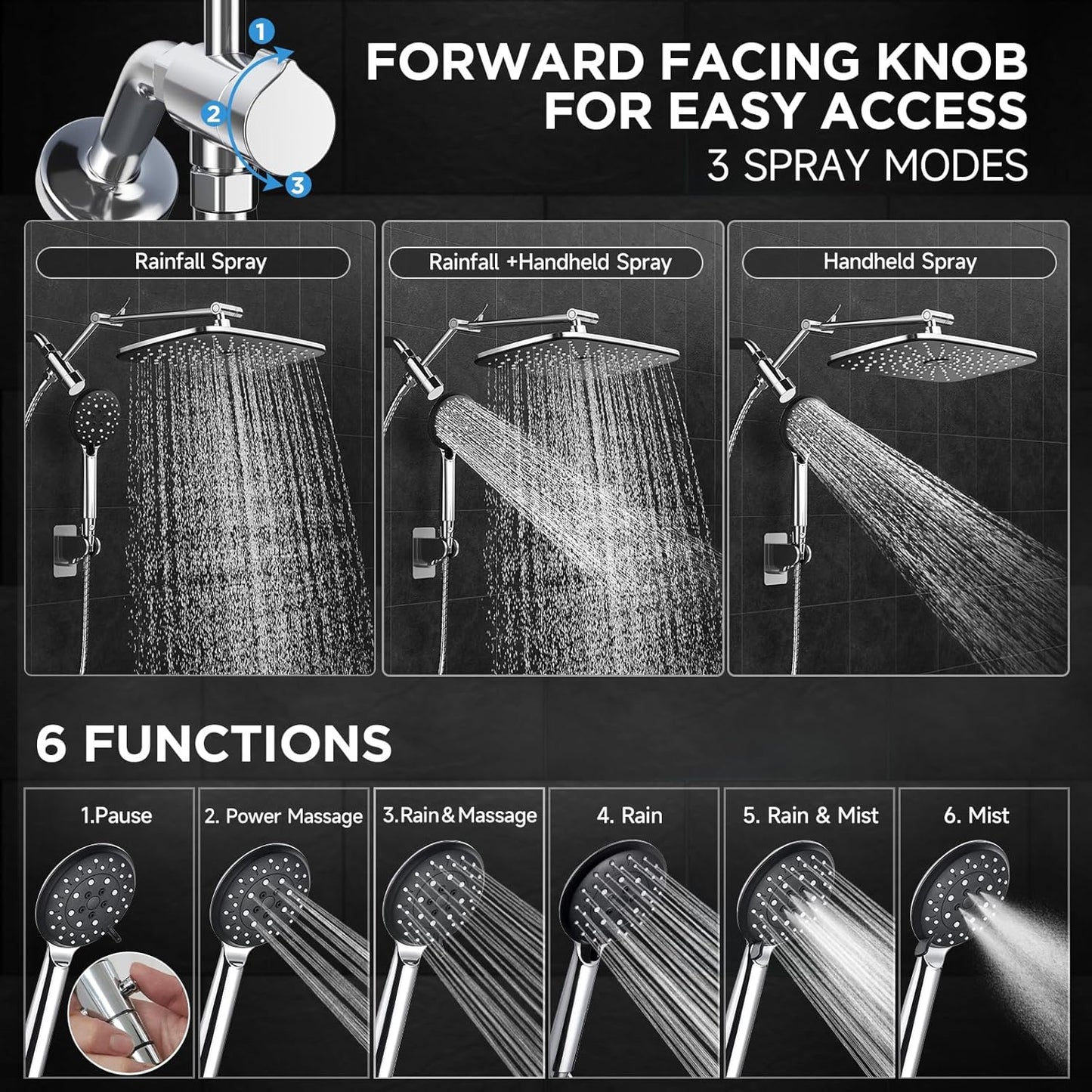 6-Mode Wide Rain Shower Head – High Pressure Handheld Shower Combo with Adjustable Arm and Anti-Clog Design