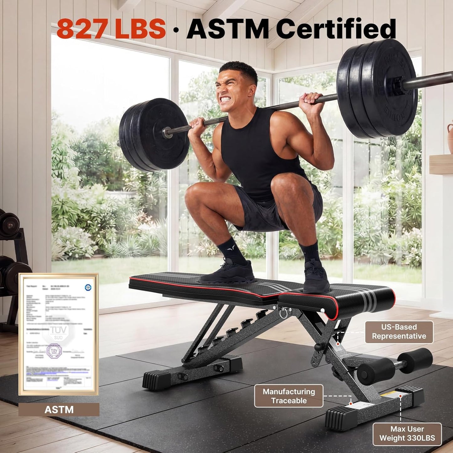 Adjustable Weight Bench – ASTM-Certified 827 lb Foldable Gym Bench with Incline, Decline & Flat Positions – Wider Seat