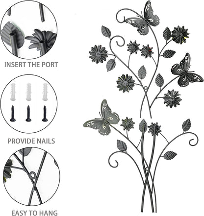 Metal Wall Art- Flower & Butterfly Wall Decor Modern Farmhouse Decoration Rustic Wall Decor for Bedroom Bathroom Living room Outdoor Garden 27inch×17inch Set of 2 (Set of two)