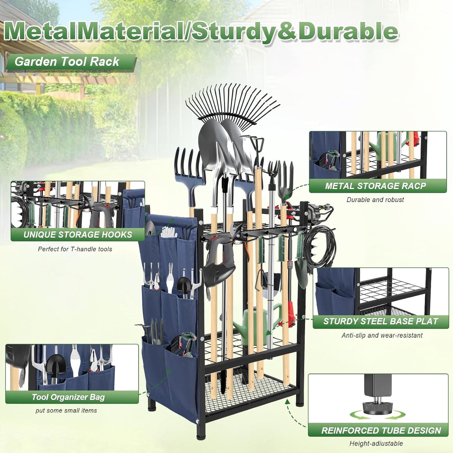 Garden Yard Tool Rack – Metal Garage Storage Organizer for Up to 46 Tools, Rakes, Brooms & Shovels