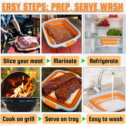 BBQ Prep Tub XL Size with 2 Meat Shredder Claws, Collapsible Cutting Board, and Drip Easy Lid