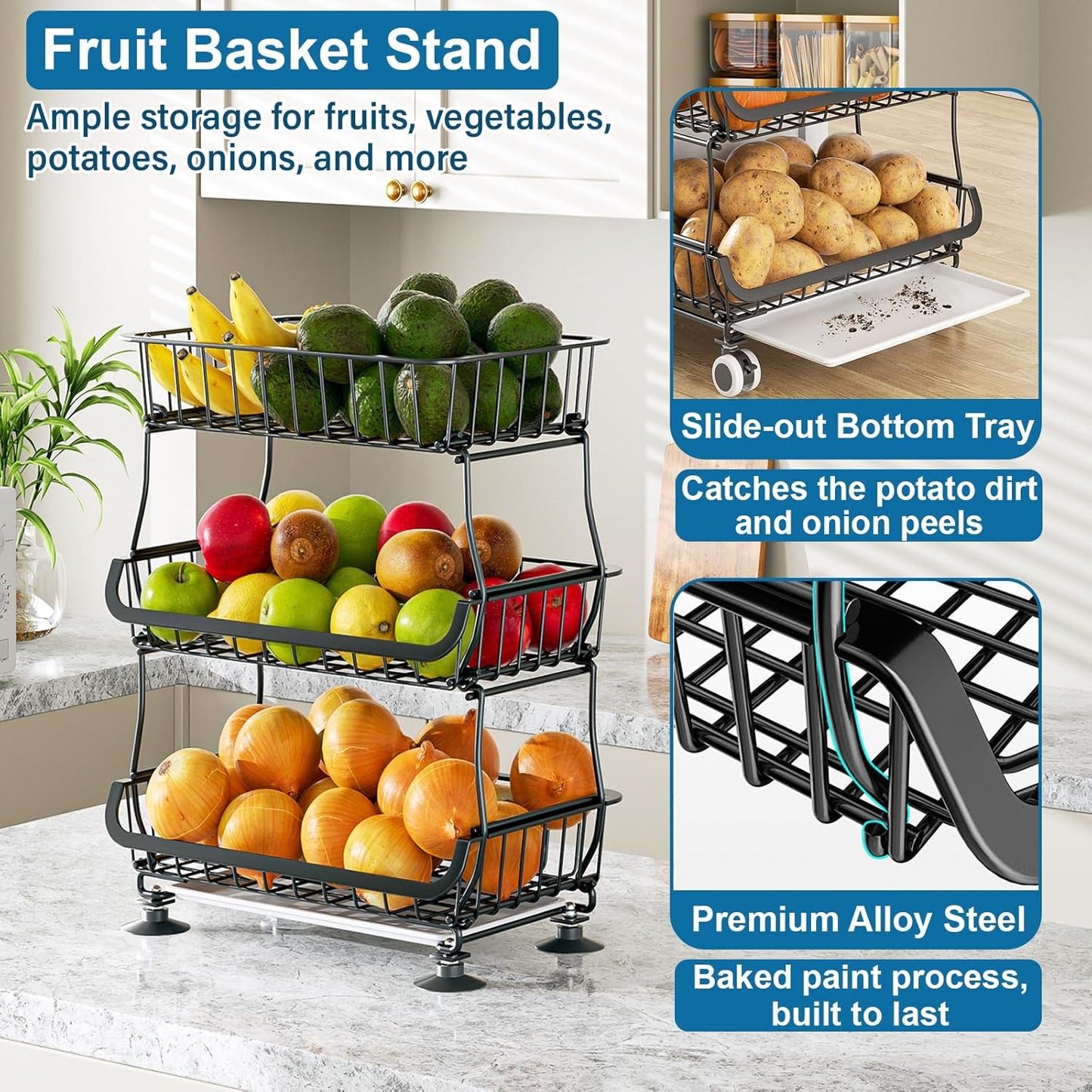 3-Tier Rolling Pantry Organizer Cart – Stackable Wire Baskets for Kitchen, Fruit & Snack Storage with Wheels