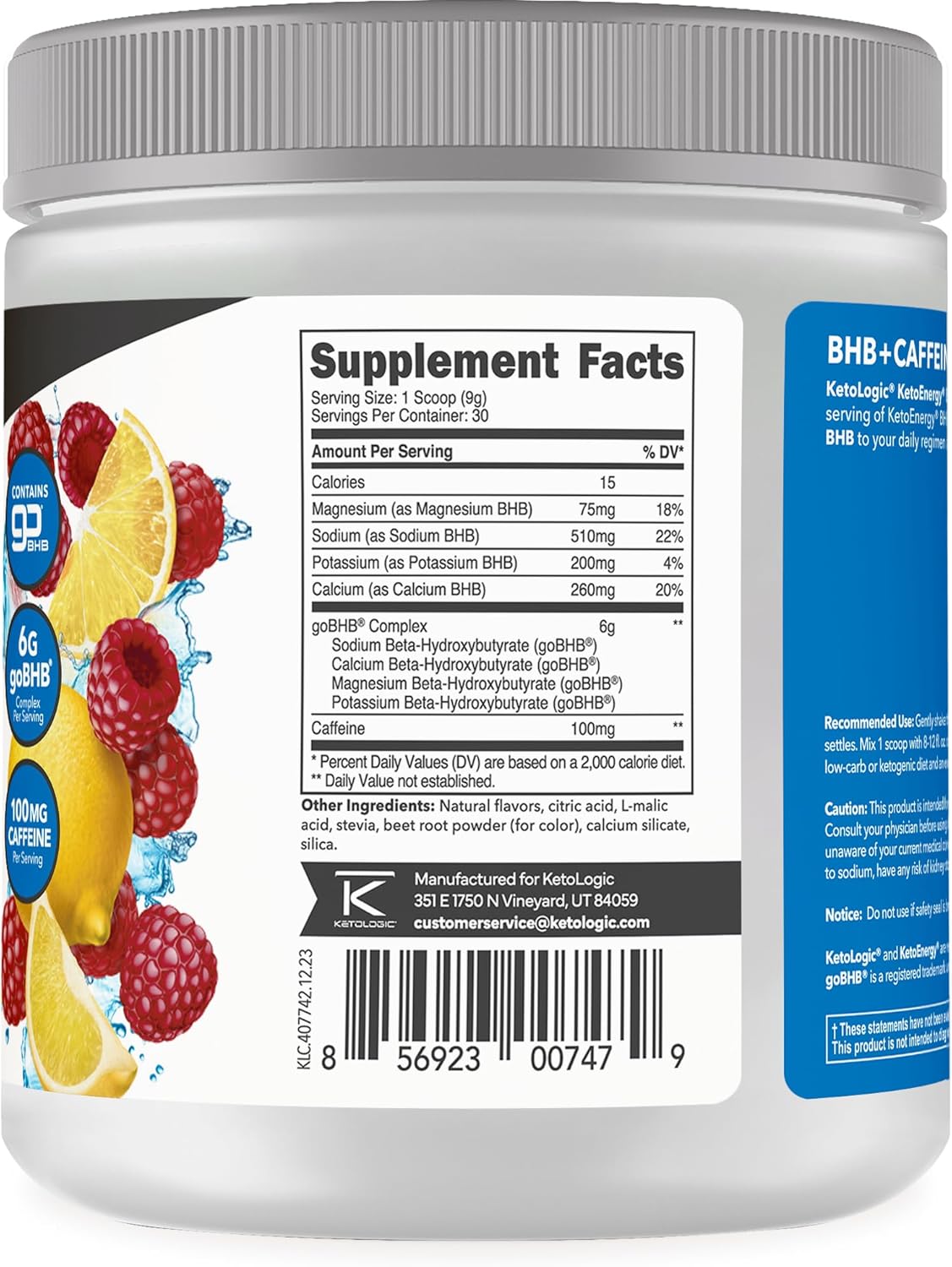 BHB KetoEnergy Exogenous Ketones Powder with Caffeine, Raspberry Lemonade - 30 Serve