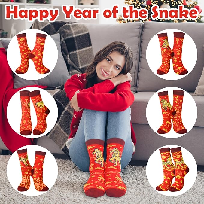 12 Pairs Chinese New Year Horse Socks 2026 - Red Fortune Cotton Socks for Men and Women