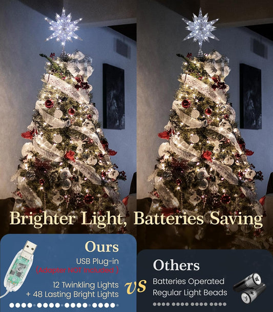 Christmas Tree Topper - 9.6" 3D Silver Star with USB Plug & Remote Control, Featuring 6H Timer and 8 Lighting Modes
