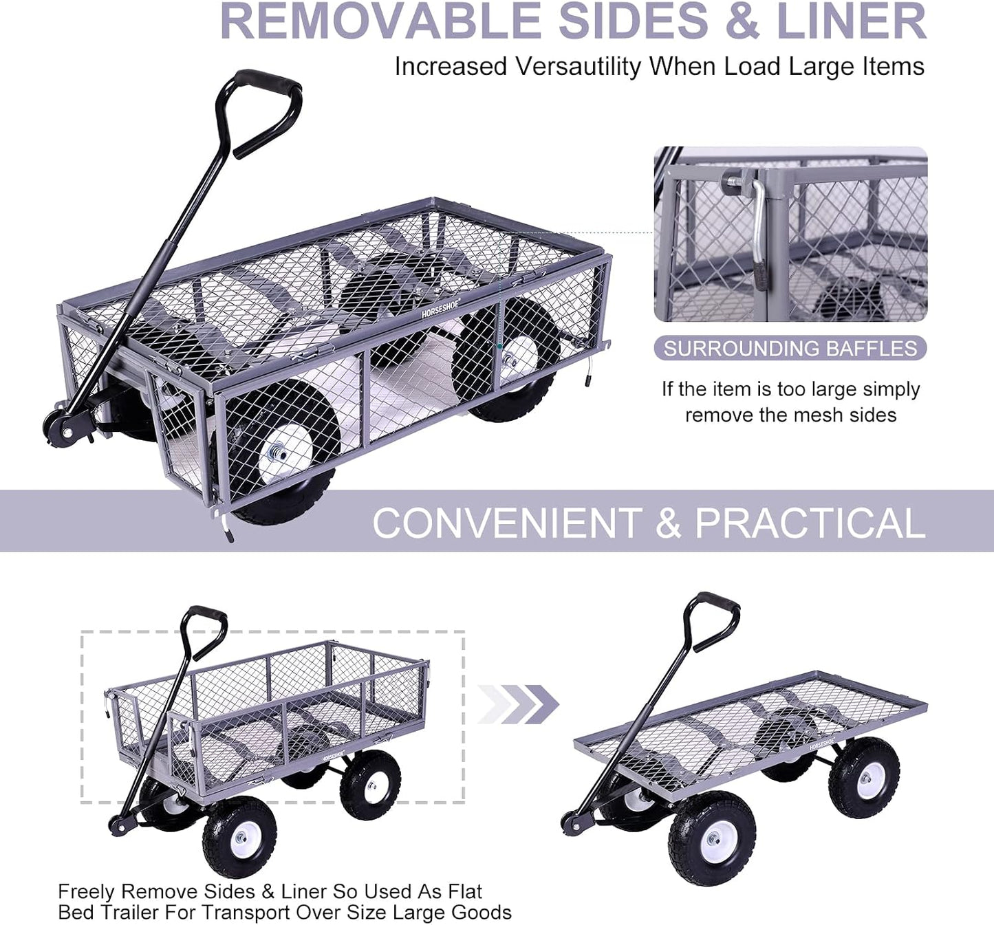 Heavy-Duty Steel Mesh Garden Cart Utility Wagon – 880 lb Capacity with Never-Flat Tires, Removable Sides & Liner, Gray