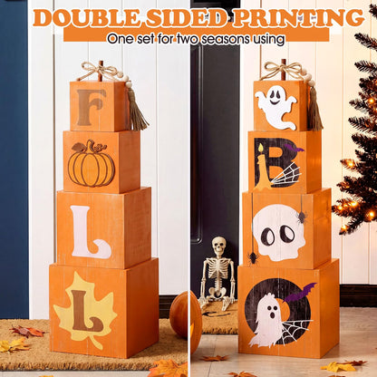 Stacked Pumpkin Ghost Boo Box – Fall Porch Decoration for Halloween & Autumn Outdoor Décor