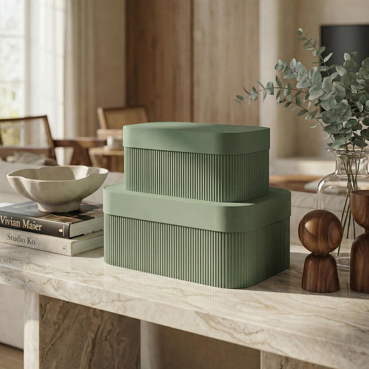 Set of 2 Decorative Storage Boxes with Lids - Fluted Cardboard Organizers for Home Decor