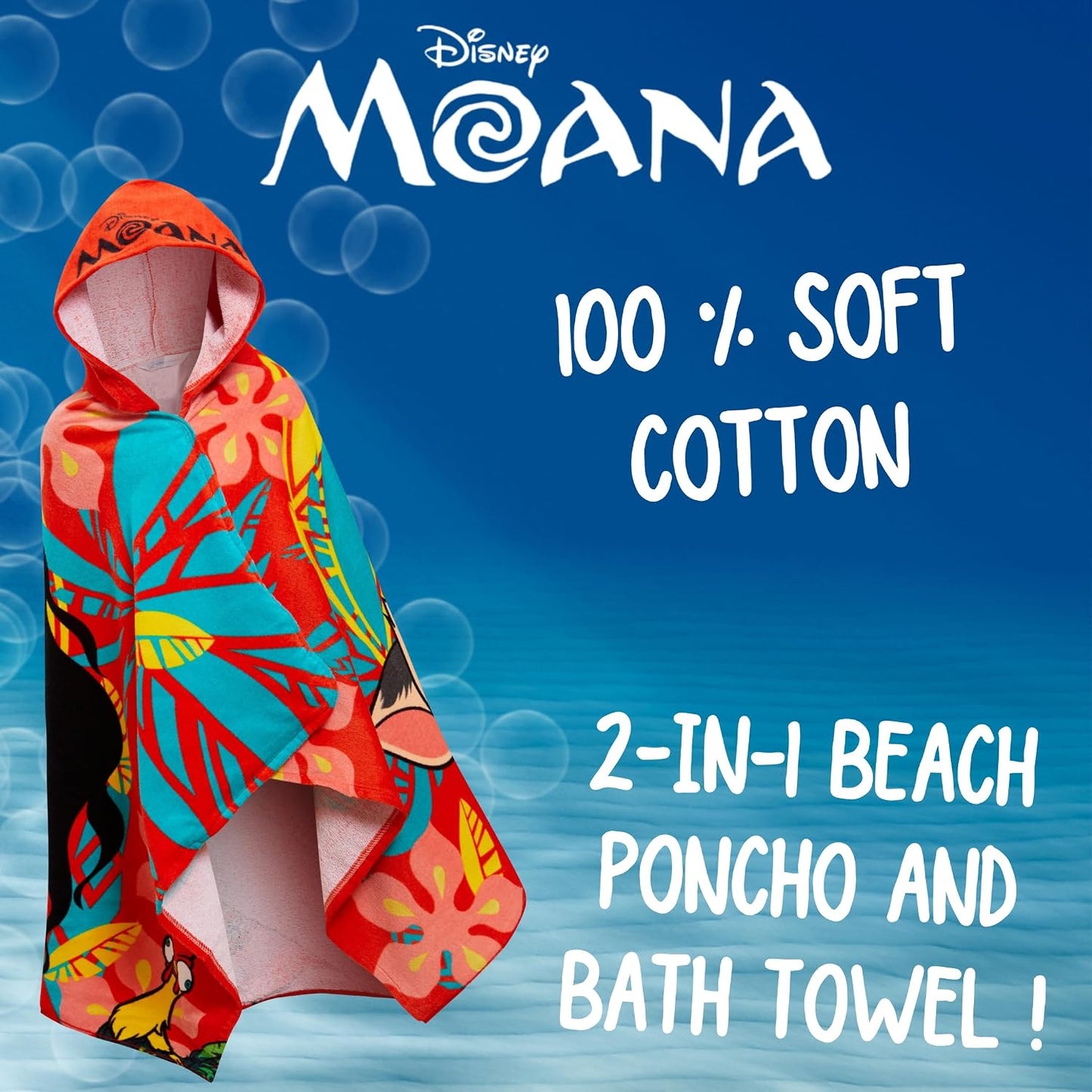 Moana Hooded Towel Poncho – 100% Cotton Kids Beach & Bath Towel Wrap with Hood