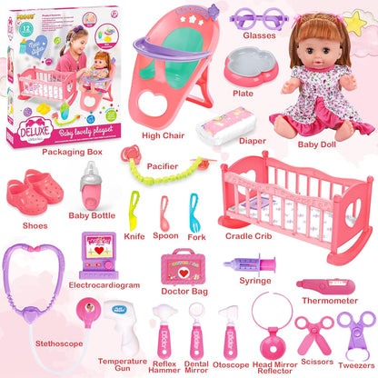 25 Pieces Baby Doll and Doctor Toys Set, 14" Doll Gift for Age 3 4 5 6+ Years Old Girls