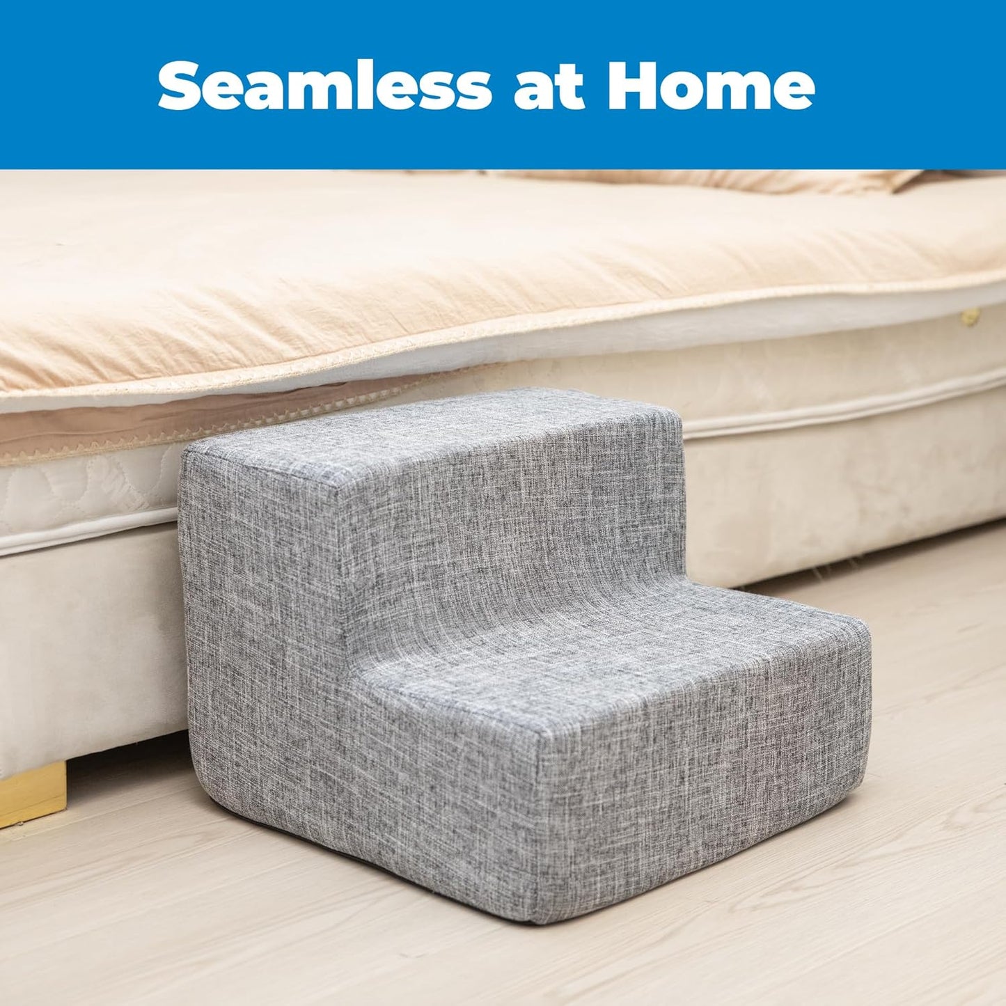 2-Step Foam Dog Stairs – Non-Slip Pet Steps for Small Dogs & Cats, 12" Height – Ash Gray Linen