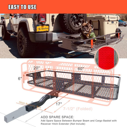 Folding Hitch Mount Cargo Carrier – 60" x 20" x 6" Basket with 16 Cu. Ft. Waterproof Bag, Cargo Net, Straps & Hitch Tightener, 500 lb Capacity