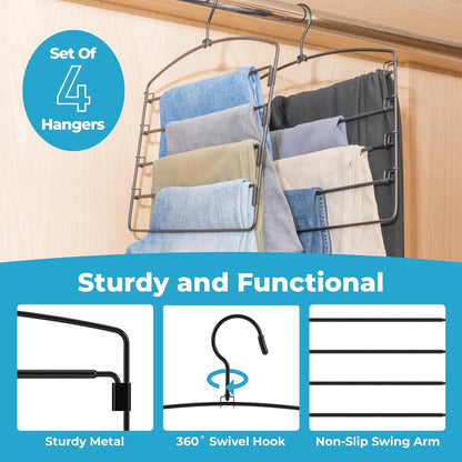 5-Tier Pants Hangers (4 Pack) – Ultra-Slim Space-Saving Closet Organizer with Metal Swivel Hook for Jeans, Slacks & Skirts