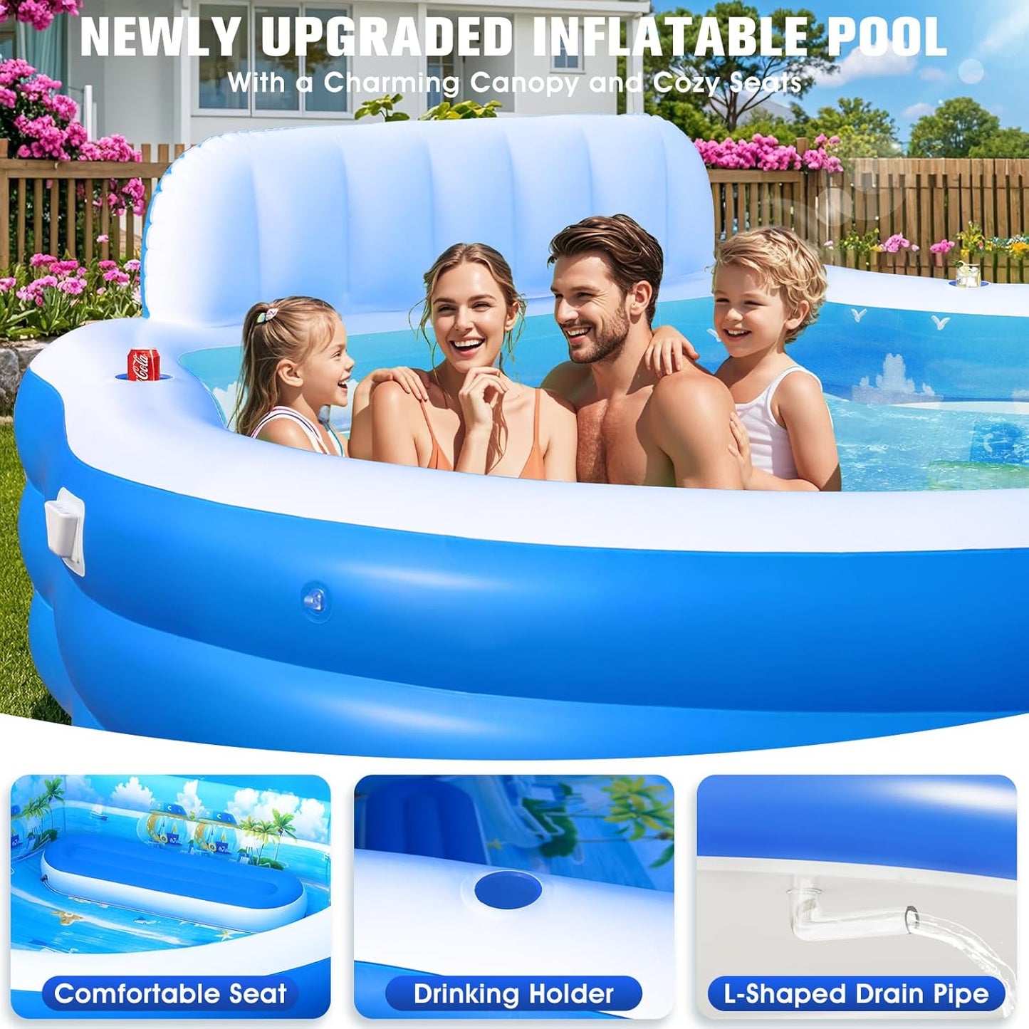 2026 Extra Large Inflatable Family Pool with Canopy – Round Backyard Lounge Pool with Bench & Backrest for Kids & Adults – 90" x 90" x 80"