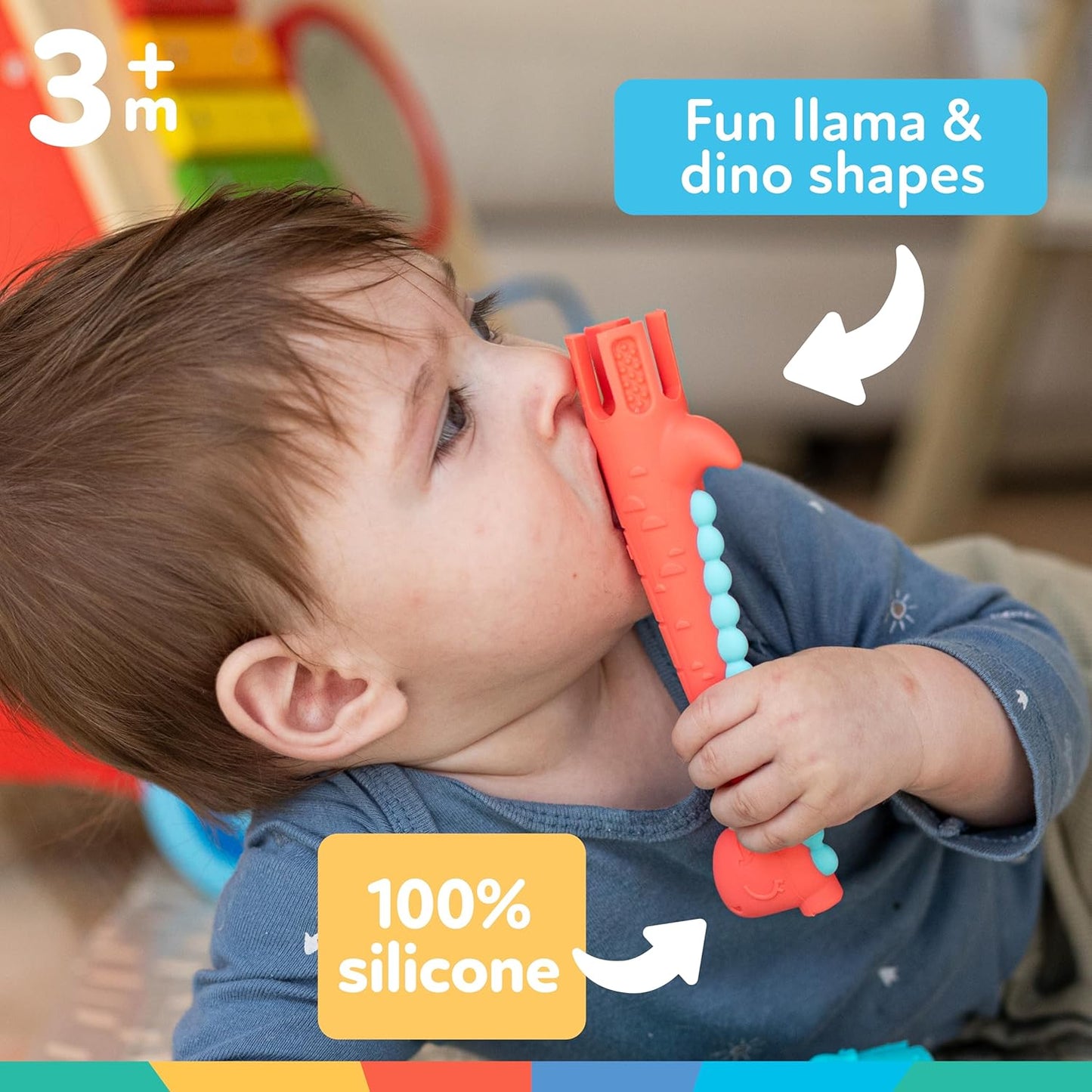 Tube Teether (2-Pack) – Silicone Baby Teething Toys (Llama & Dinosaur, 3+ Months)